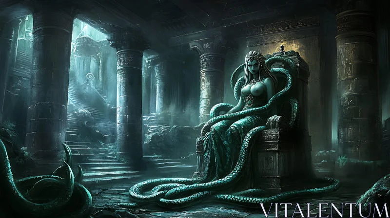 Serpent Goddess in Ancient Ruins AI Image