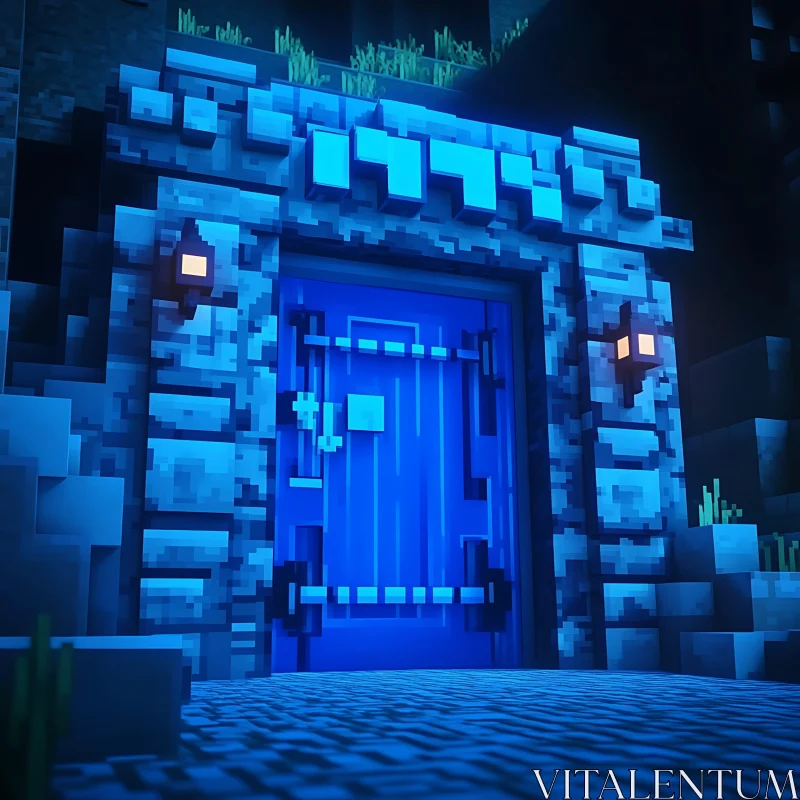 Mystical Blue Door in Pixel Art AI Image