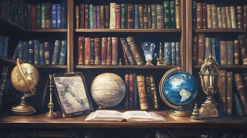 Vintage Study Featuring Map Globes and Antique Books