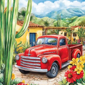 Charming Garden Scene with Classic Red Truck and Cactus Plants