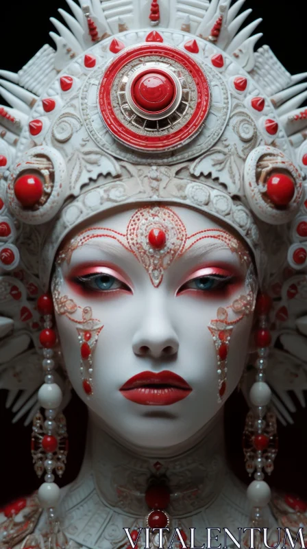 Captivating Portrait of a Woman with White and Red Decorations AI Image