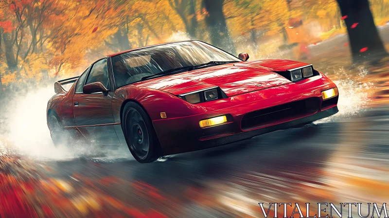 Autumn Drive with Red Sports Car AI Image