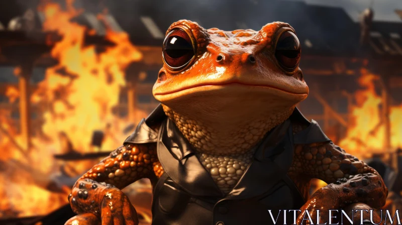 Urban Frog in Leather Jacket Amid Flames – A Precisionism Influence AI Image