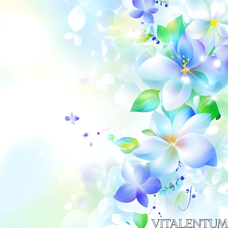 Blue and White Floral Composition with Green Leaves AI Image