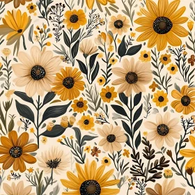 Botanical Pattern with Yellow Flowers and Green Foliage