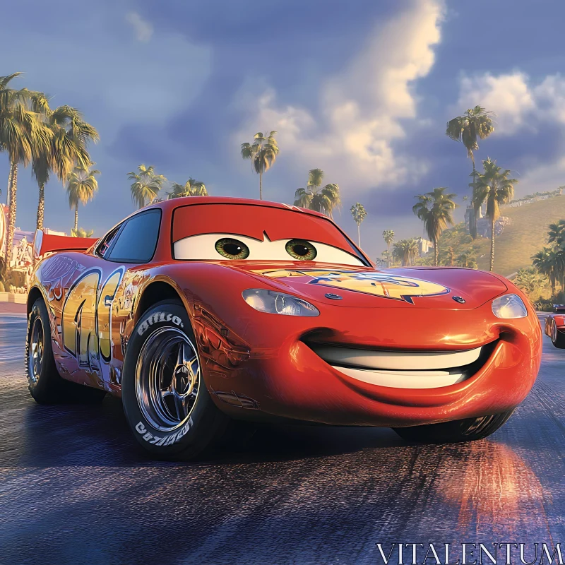 Happy Animated Car with Palm Trees Backdrop AI Image