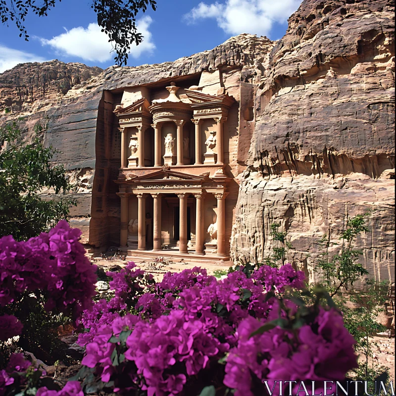 Rock-Cut Monument Amidst Blossoming Purple Flora AI Image