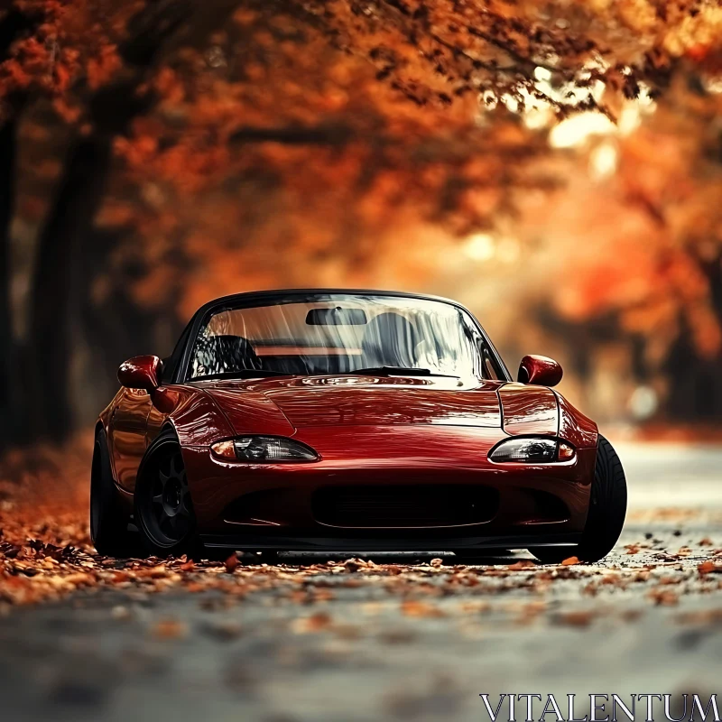 Red Convertible Among Autumn Leaves AI Image