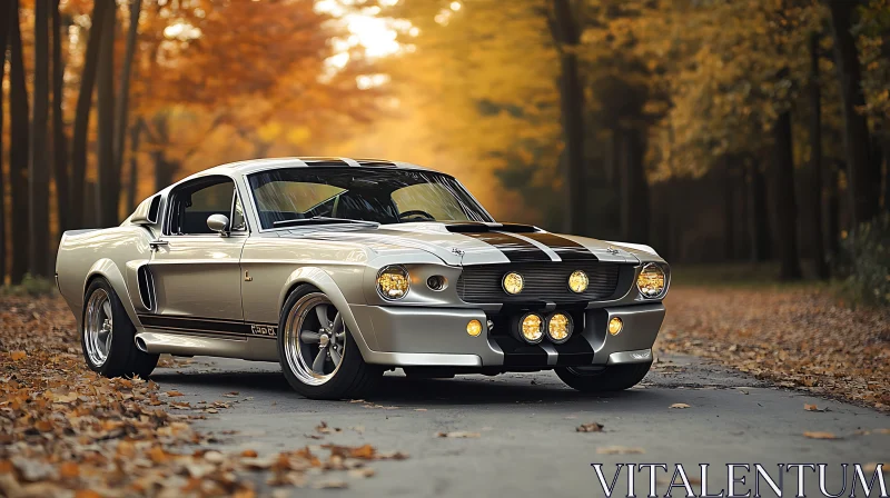 Vintage Muscle Car Amidst Autumn Leaves AI Image