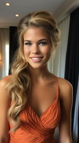 Beautiful Blonde Girl in Orange Dress Posing for a Picture with Sterling Silver Highlights