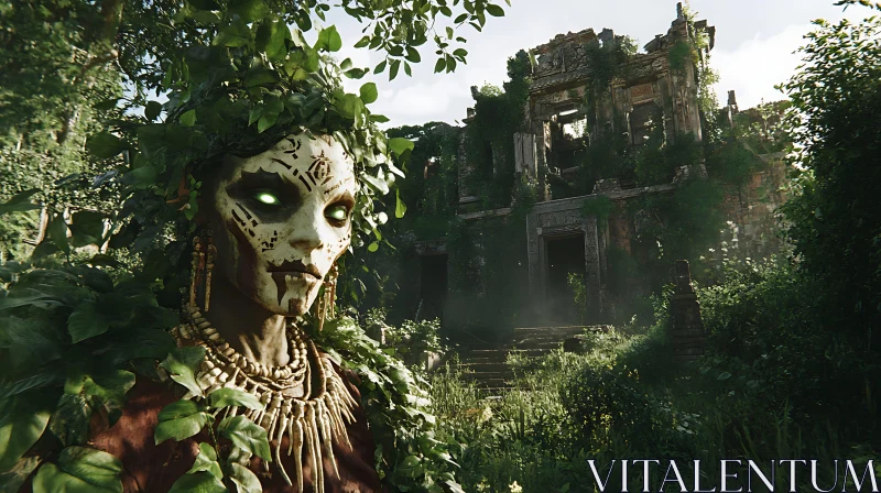 Mysterious Masked Entity in Overgrown Ancient Ruins AI Image