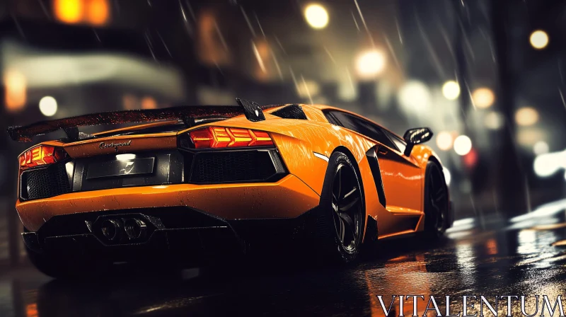 Orange Sports Car in Rainy Night Cityscape AI Image