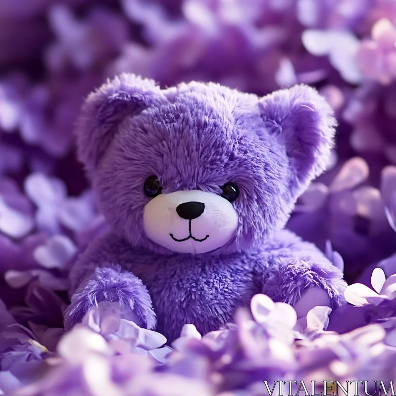 Purple Plush Teddy Bear Surrounded by Violet Petals AI Image