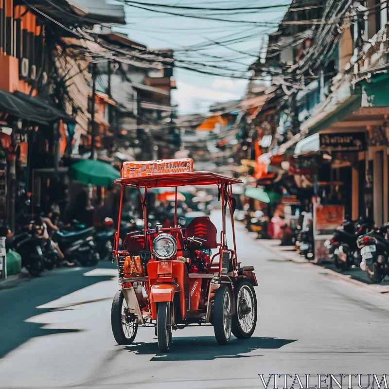 Vibrant Cityscape Featuring a Red Tricycle AI Image