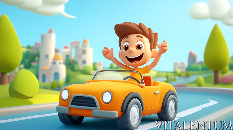 Happy Cartoon Kid Drives Bright Orange Car AI Image