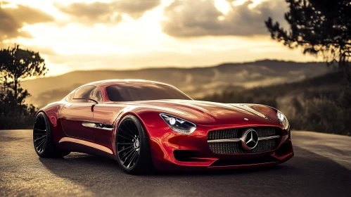 Luxury Red Sports Car at Sunset