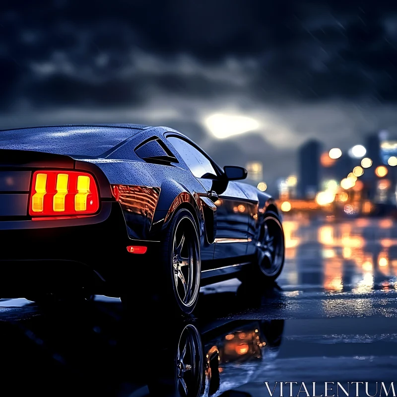 Luxury Car in Rainy Night Scene AI Image