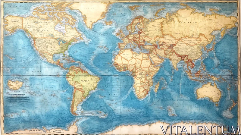 Antique World Map with Detailed Countries and Maritime Routes AI Image