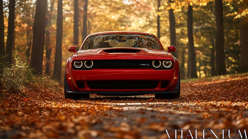 Autumn Forest Red Car AI Image