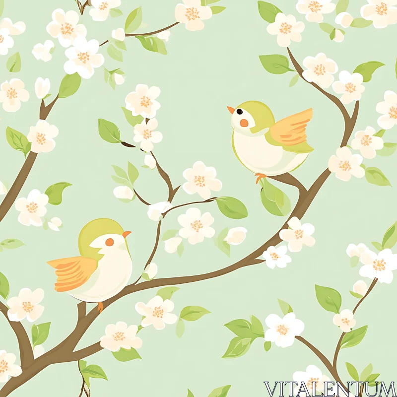 AI ART Spring Birds on Flowering Branches