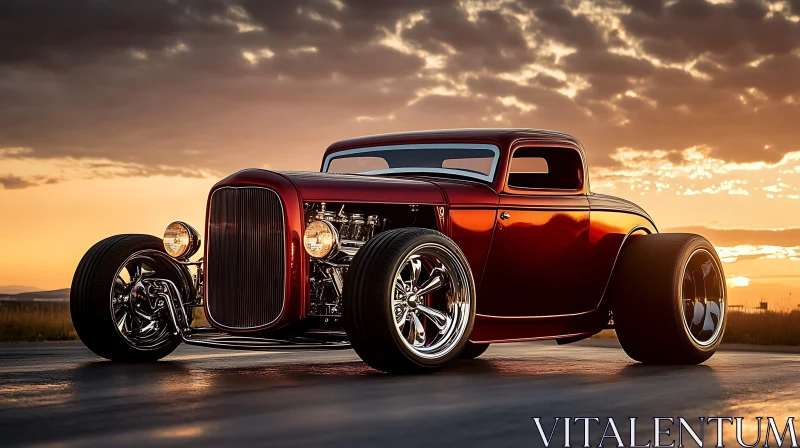 Vintage Red Car with Chrome Details at Dusk AI Image