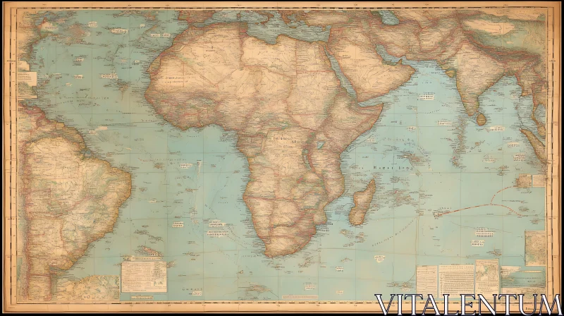 Vintage World Map Highlighting Africa, Indian Ocean, and South America AI Image