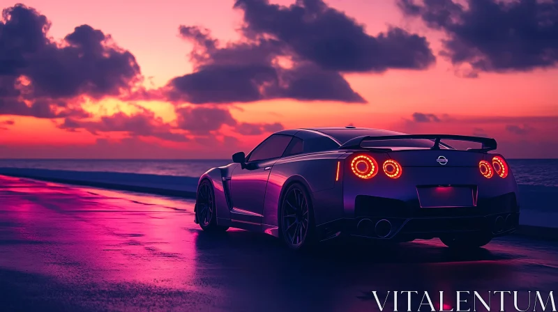 AI ART Sunset Drive with a Sleek Car by the Sea