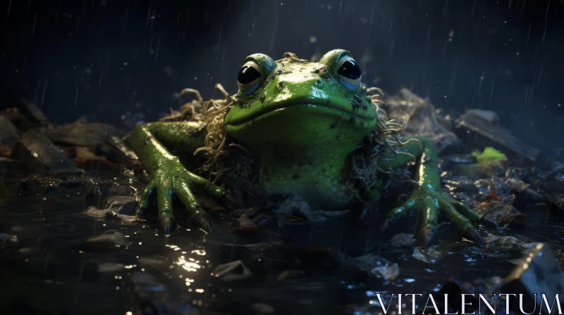 Green Frog in Rain: A Charming Night-time Depiction AI Image