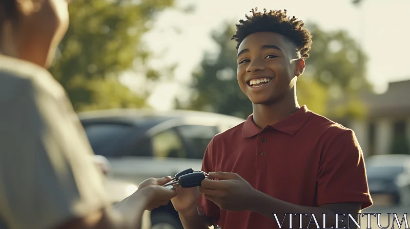 Happy Teen Receiving Car Keys in Suburban Setting Happy Teen Receiving Car Keys in Suburban Setting