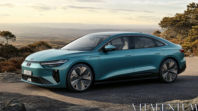 Sleek Blue Car in Scenic Sunset Setting Sleek Blue Car in Scenic Sunset Setting