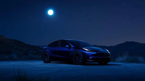 Moonlit Electric Car in a Tranquil Landscape