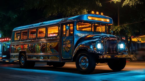 Nighttime Street Bus with Blue Headlights