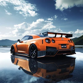 Luxury Orange Sports Car on Reflective Surface