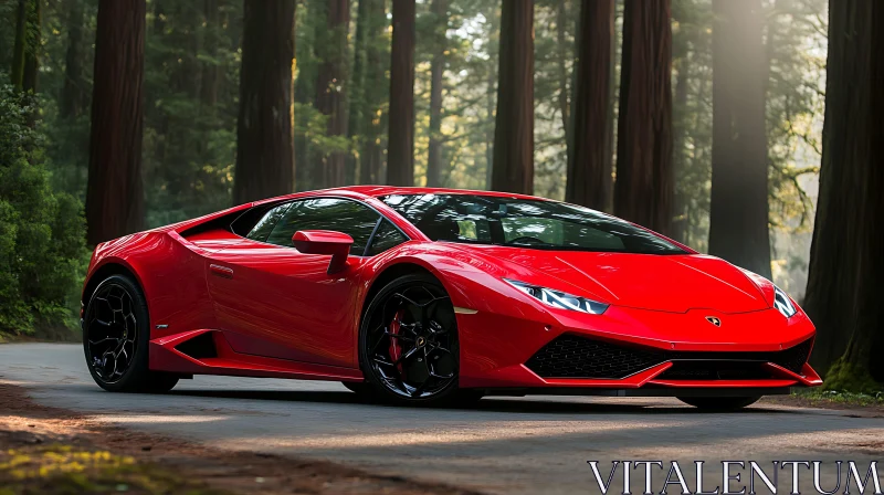 Red Luxury Car in Serene Outdoor Setting Red Luxury Car in Serene Outdoor Setting