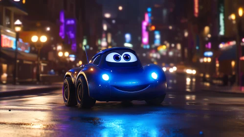 Smiling Blue Animated Car in Nighttime Urban Scene