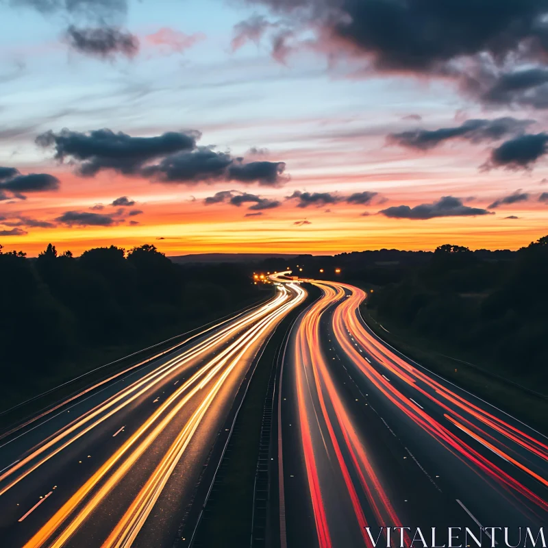 Sunset Highway with Light Trails