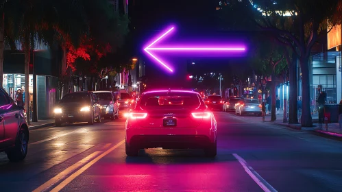 Futuristic Night Cityscape with Neon Lighting and Car