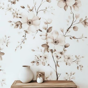 Elegant Floral Wallpaper with White Vase and Wooden Shelf