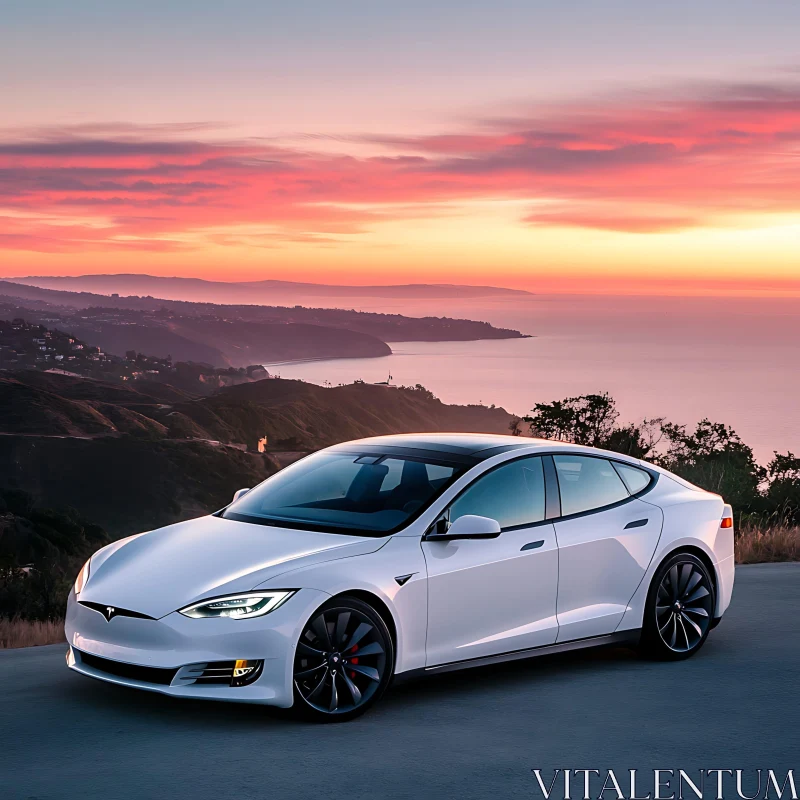 Modern Electric Car at Coastal Sunset Modern Electric Car at Coastal Sunset
