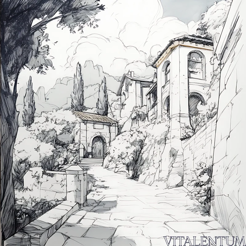 Mountain Village Pen and Ink Illustration Mountain Village Pen and Ink Illustration