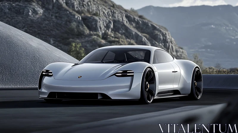 Modern White Sportscar in Mountainous Terrain Modern White Sportscar in Mountainous Terrain