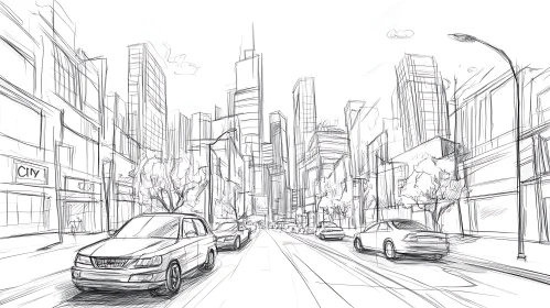 Pen Drawing of a Busy Street in a Modern City