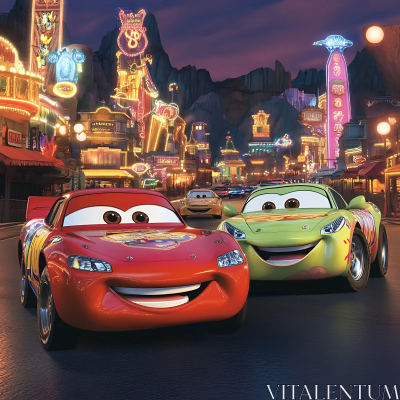Smiling Animated Cars in Neon-Lit Urban Scene Smiling Animated Cars in Neon-Lit Urban Scene
