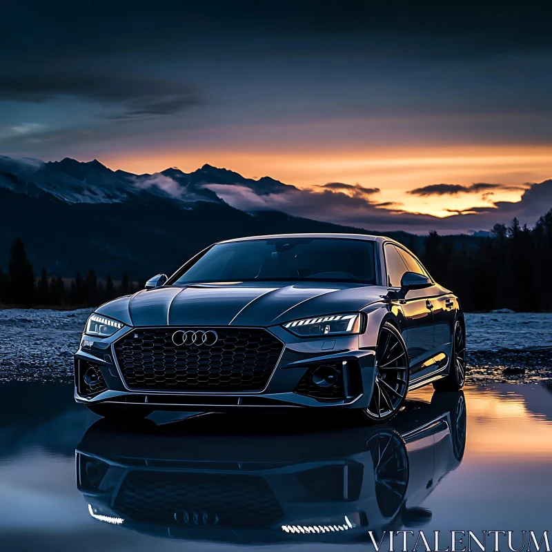 AI ART Black Luxury Car and Mountain Sunset Reflection