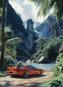 Serene Landscape with Red Car and Stunning Mountains