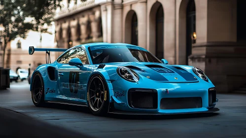 Blue Sports Car on City Street