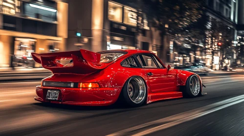 High-Speed Red Sports Car in Nighttime Urban Setting