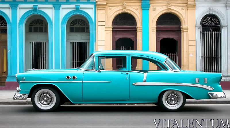 Classic Blue Car with Urban Background Classic Blue Car with Urban Background