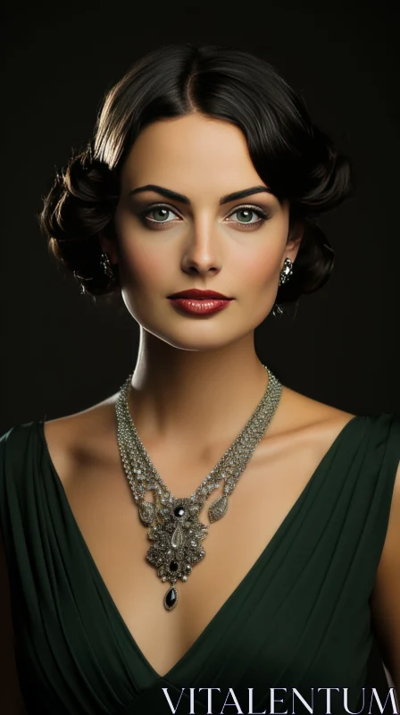 Vintage Beauty in Green Dress with Jewelry and Makeup AI Image