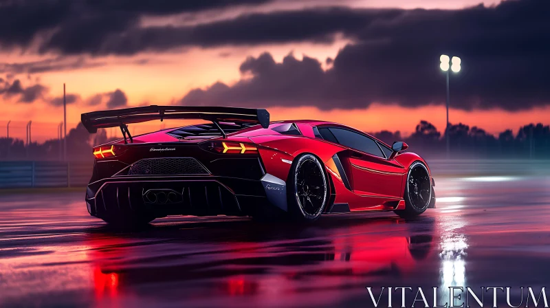 Luxurious Supercar at Sunset on Wet Track AI Image